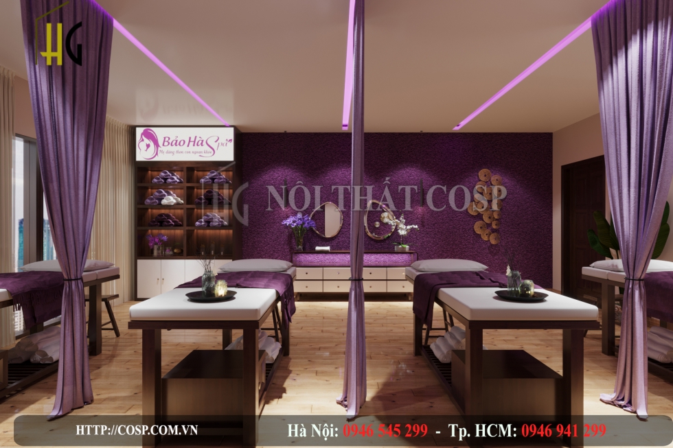 Thiết kế spa với tấm ốp tường màu tím
